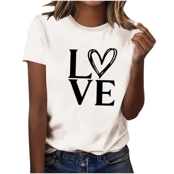 MOJOGO Spring Summer T Shirts for Women Loose Love Printed Valentines Tees Casual Short Sleeve Crewneck Top for Everyday Wear White 2XL