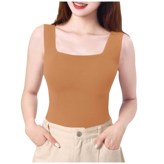 MOJOGO Square Neck Tank Tops for Women Sliming Wide Shoulder Strap Camisole Seamless Undershirt for Layering & Daily Wear Coffee XL