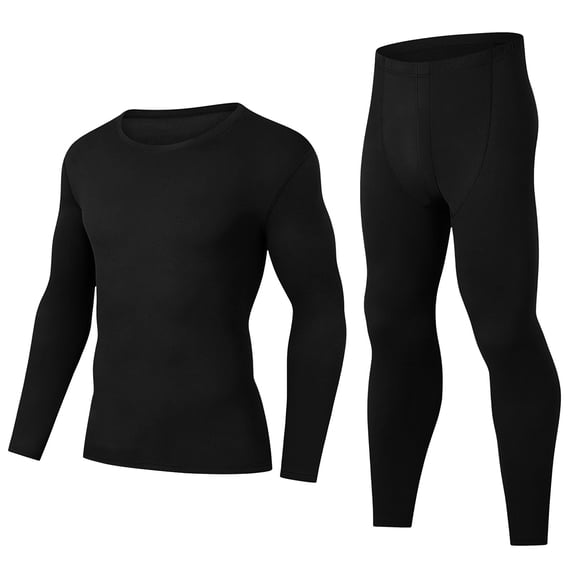 MOJOGO Stretch Thermal Set for Men Basic Crew Neck Tops Long Johns Fall Winter Spring Base Layer for Snow Sport Black L