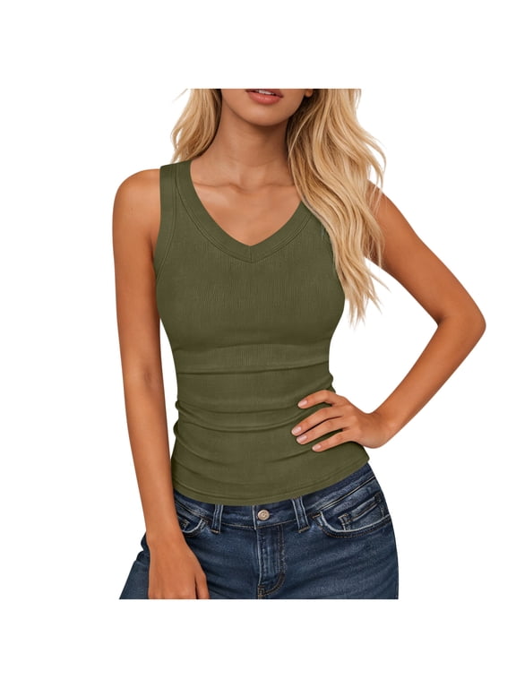 MOJOGO Stretchy Crop Tops for Women Casual V Neck Tees Ribbed Knit Tank Top Slimming Wide Strap Camisole Olive Green S