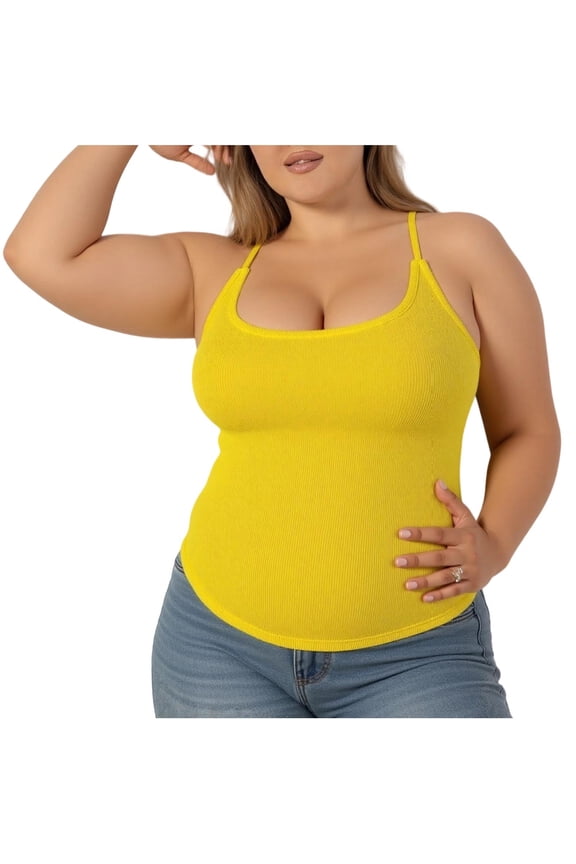 MOJOGO Summer Casual Cami Top for Women Rib Knit Square Neck Undershirts Stretchy Cross Back Sleeveless Tank Tops Plus Size Tops Yellow 3XL