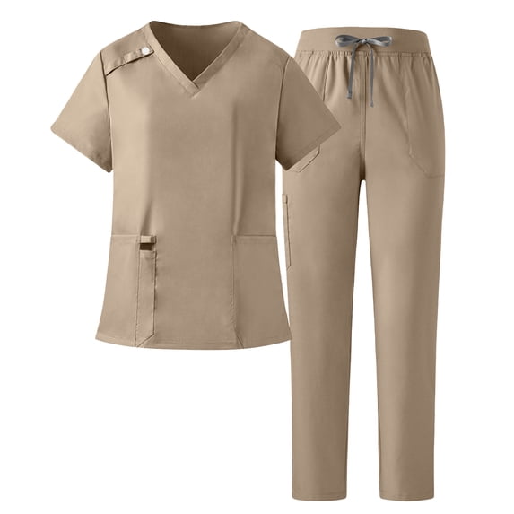 MOJOGO Summer Scrubs Set for Women Multi Pockets V Neck Top Long Drawstring Pants Set Two Piece Nurse Uniform Khaki S