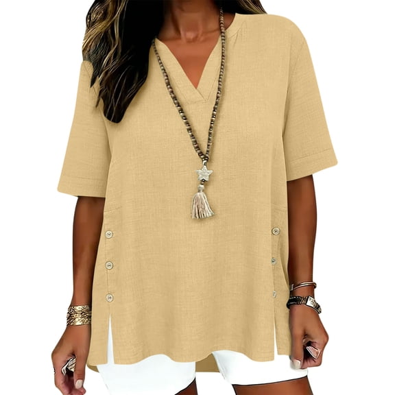MOJOGO Summer Shirts for Women Lightweight Long Sleeve Blouses Oversized Lepal V Neck Outfits Daily & Office Tops Khaki 2XL