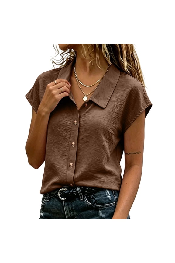 MOJOGO Summer Shirts for Women Slimming Button Down Blouses with Short Sleeve Solid Color Dressy Shirts for Lounge Office Work Coffee S