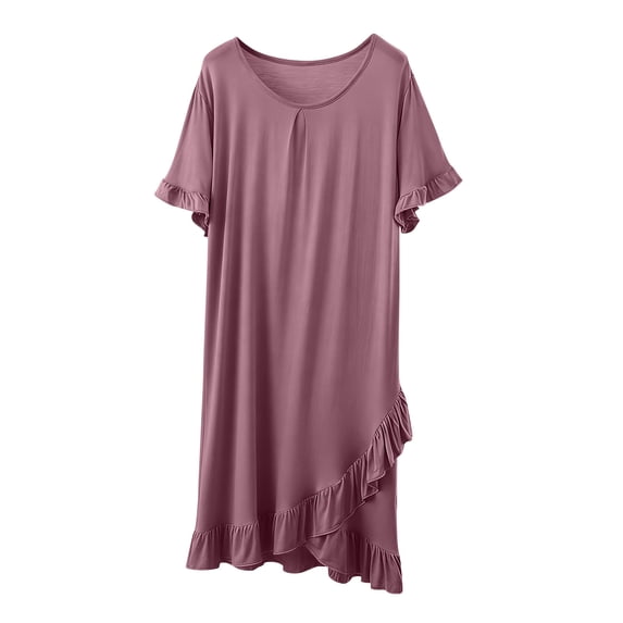 MOJOGO Summer Sleep Dress for Women Crewneck Short Sleeve Nightgown with Ruffle Hem Ruched A Line Loungewear Soft Stretchy Sleep Home Dresses Purple 2XL