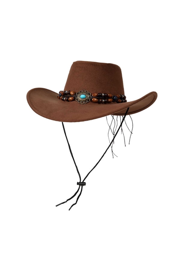 MOJOGO Summer Travel Sun Protection Cowboy Hat Roll Up Wide Brim Hats with Beaded Adjustable Windproof Chin Strap Cowboy Hat Brown M