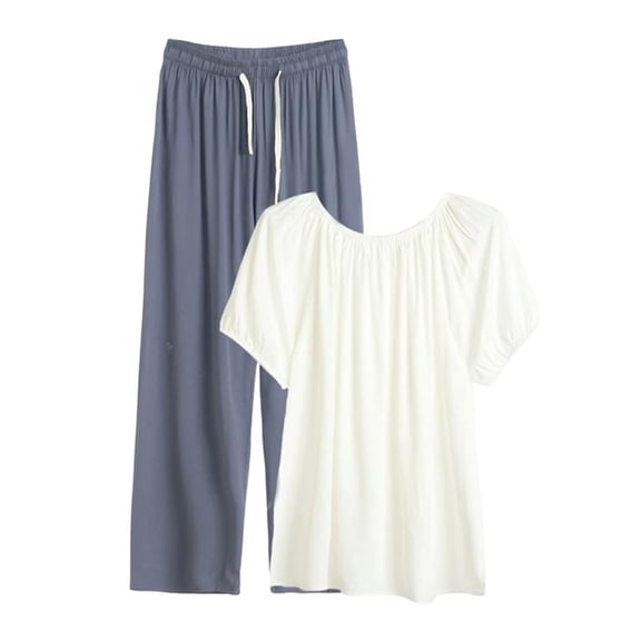 MOJOGO Summer Two Piece Set for Women Crewneck Bubble Sleeve Top Drawstring Wide Leg Pants Flowy Lounge Home Set Gray 5XL