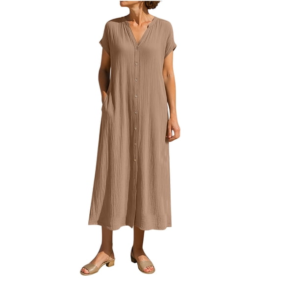 MOJOGO Summer Vacation Maxi Dress for Women Breathable Linen V-Neck Dresses with Cap Sleeve Button Down Shirt Dress S