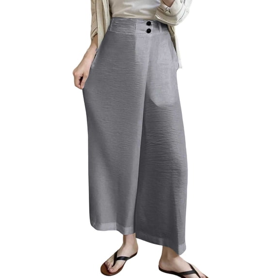 MOJOGO Summer Wide Leg Pants for Women High Waist Button Trouser Midi Length Casual Dress Pants with Pockets L
