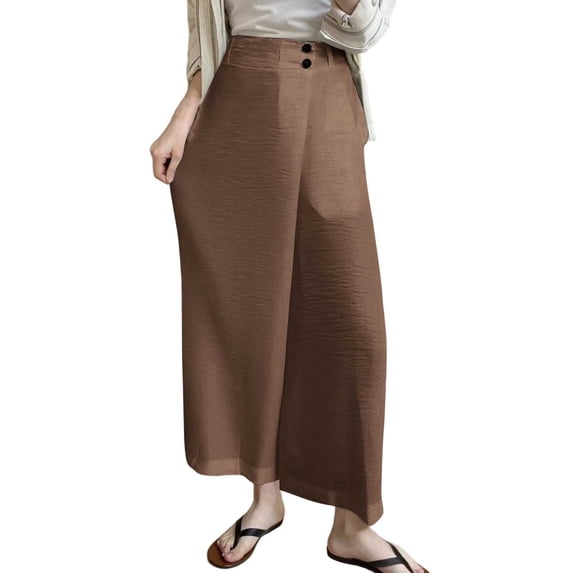 MOJOGO Summer Wide Leg Pants for Women High Waist Button Trouser Midi Length Casual Dress Pants with Pockets S