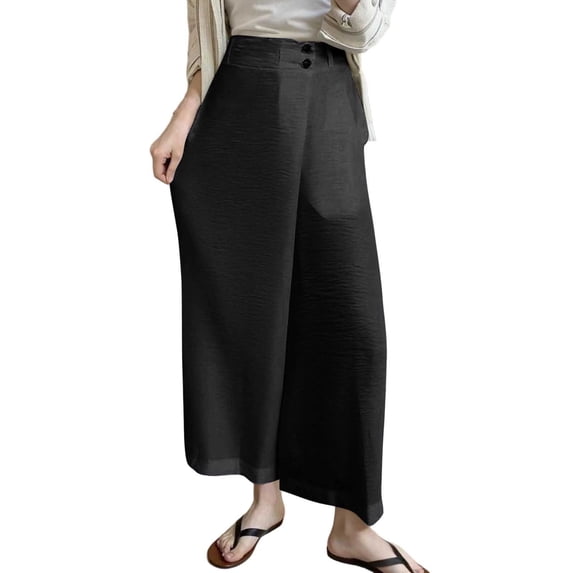 MOJOGO Summer Wide Leg Pants for Women High Waist Button Trouser Midi Length Casual Dress Pants with Pockets XL