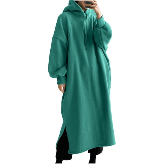 MOJOGO Sweatshirt Desses for Women Casual Long Sleeve Hooded Dress Oversized Maxi Dress Fall Winter Fashion Outfits Green S
