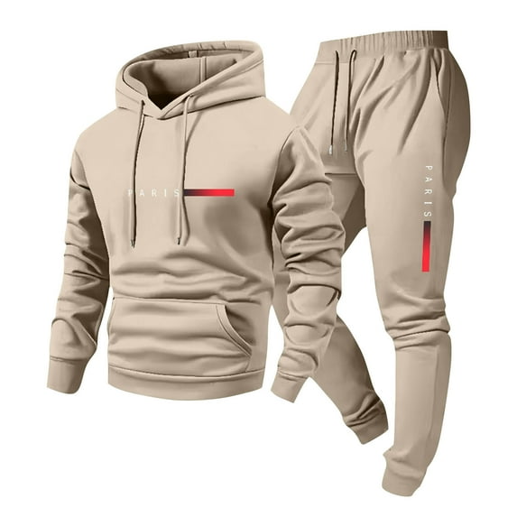 MOJOGO Sweatsuits for Men Hooded Pullover Seweatshirts Jogger Sweatpants Spring Fall Tracksuits Two Piece Outfits for Fitness Workout Gym Wear Khaki L