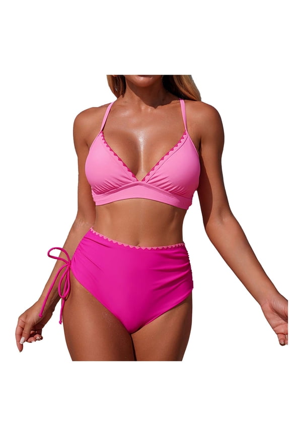 MOJOGO Sweet Bikinis for Women Scallop Trim Tops High Waisted Drawstring Bottom Bathing Suit Cross Back Two Piece Swimsuits XXL