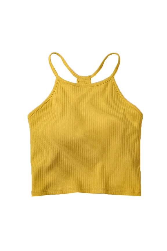 MOJOGO Tank Tops for Women Cross Back Ribbed Crop Top Sliming Breathable Activewear Tops with Built-in Bra Yellow S