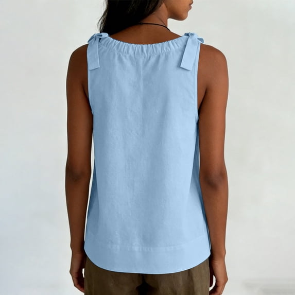 MOJOGO Tie Shoulder Tops for Women Crewneck Sleeveless Tees Drawstring Neckline Tank Top Casual Summer Party Outfits