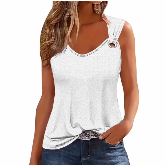 MOJOGO Trendy Tank Tops for Women Sleeveless V Neck Shirts Textured Soft Cami Top Casual Tees for Spring Summer L