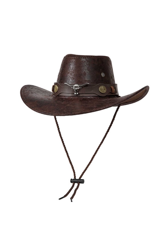 MOJOGO Unisex Cowboy Hat Distressed Fuax Leather Hats Wide Brim Sun Hat with Leather Band Decro Beach Vacation Party Accessory Brown M