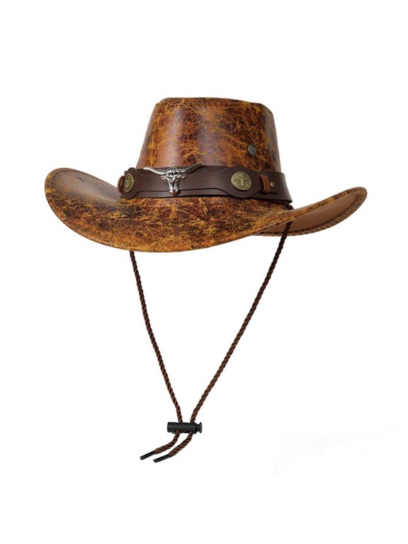MOJOGO Unisex Cowboy Hat Distressed Fuax Leather Hats Wide Brim Sun Hat with Leather Band Decro Beach Vacation Party Accessory Coffee M