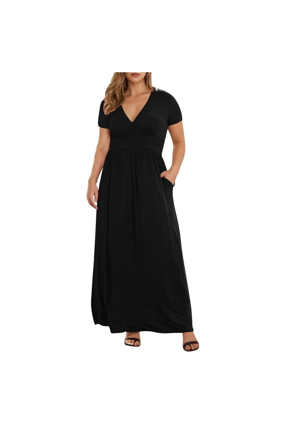 MOJOGO V-Neck Dresses for Women Solid Short Sleeve Maxi Dresses Wedding Guest Vacation Plus Size Dress With Pockets Black 3XL