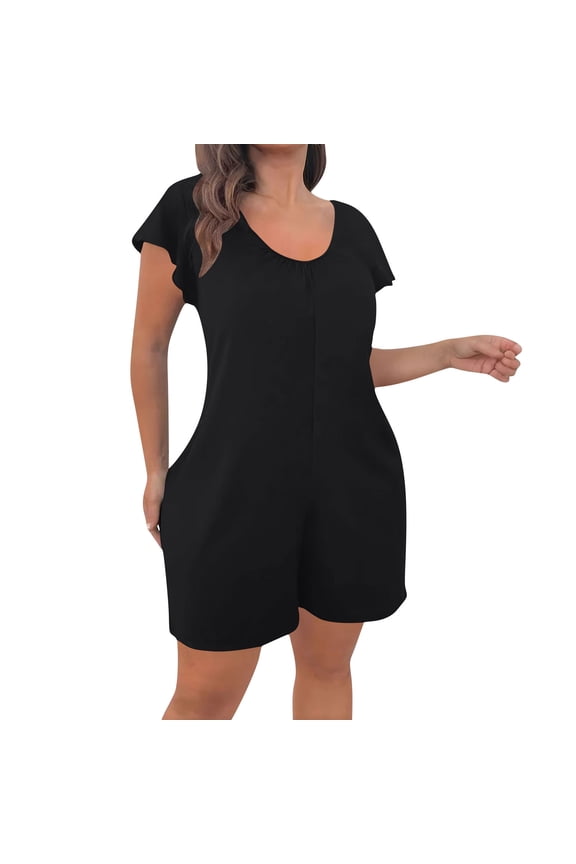 MOJOGO V Neck Jumpsuit for Women Ruffle Short Sleeve Romper with Side Pockets Spring Summer Casual Rompers XL