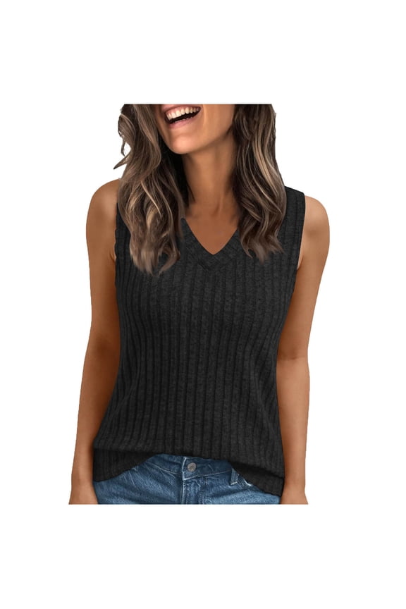MOJOGO V Neck Tank Tops for Women Ribbed Sleeveless Tops Solid Color Tees Lightweight Outfits for ALL Day Wear S