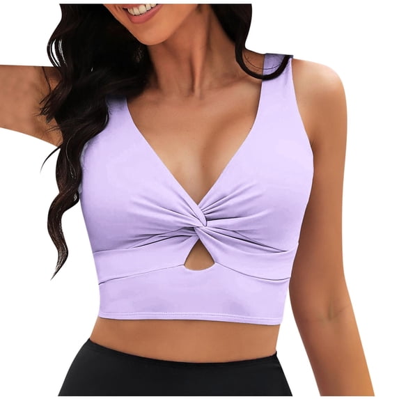 MOJOGO V Neck Tankini Tops for Women Wireless Padded Cropped Tops Twist Front Swimwear Tank Tops for Summer Vacation M