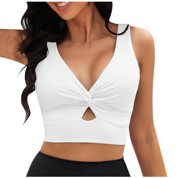 MOJOGO V Neck Tankini Tops for Women Wireless Padded Cropped Tops Twist Front Swimwear Tank Tops for Summer Vacation XL