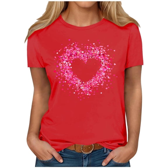 MOJOGO Valentines Shirts for Women Casual Heart Print Crewneck Pullover Tops Loose Sweet Short Sleeve Tee Red-3 XL