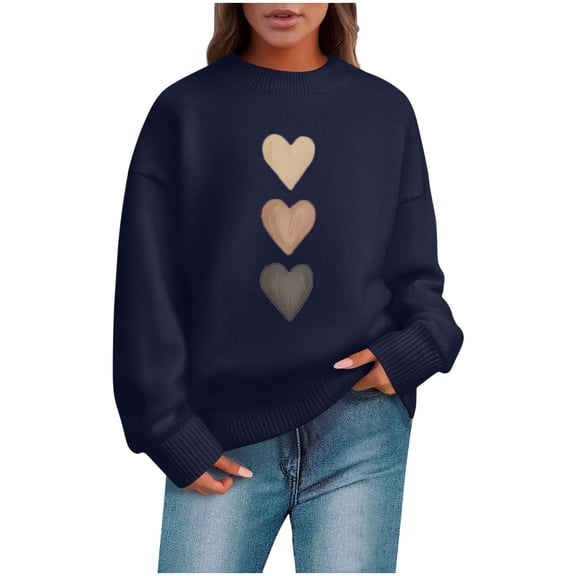 MOJOGO Valentines Sweater for Women Graphic Long Sleeve Crewneck Sweaters Trendy Fall Spring Tops for Her Navy M