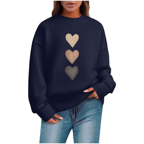 MOJOGO Valentines Sweater for Women Graphic Long Sleeve Crewneck Sweaters Trendy Fall Spring Tops for Her Navy XL