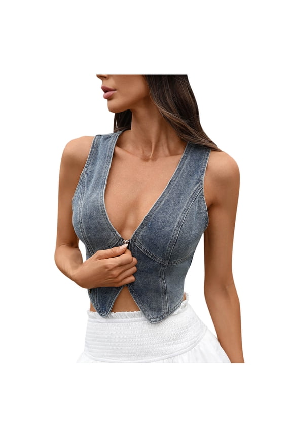 MOJOGO Vintage Denim Crop Tops for Women Deep V-Neck Sleeveless Camisoles Summer Tank Top for Layering and Everyday Wear Blue S