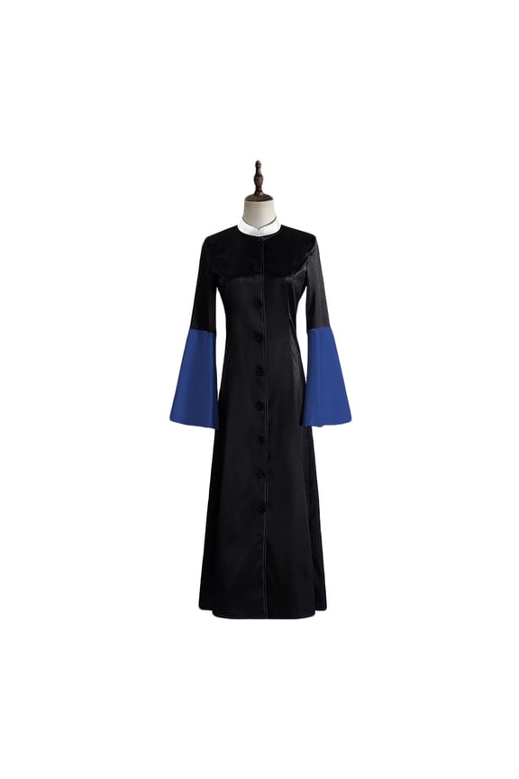 MOJOGO Woman Solid Patchwork Long-sleeved Flared Sleeves Button Robe Medieval Chaplaincy Coat Blue S