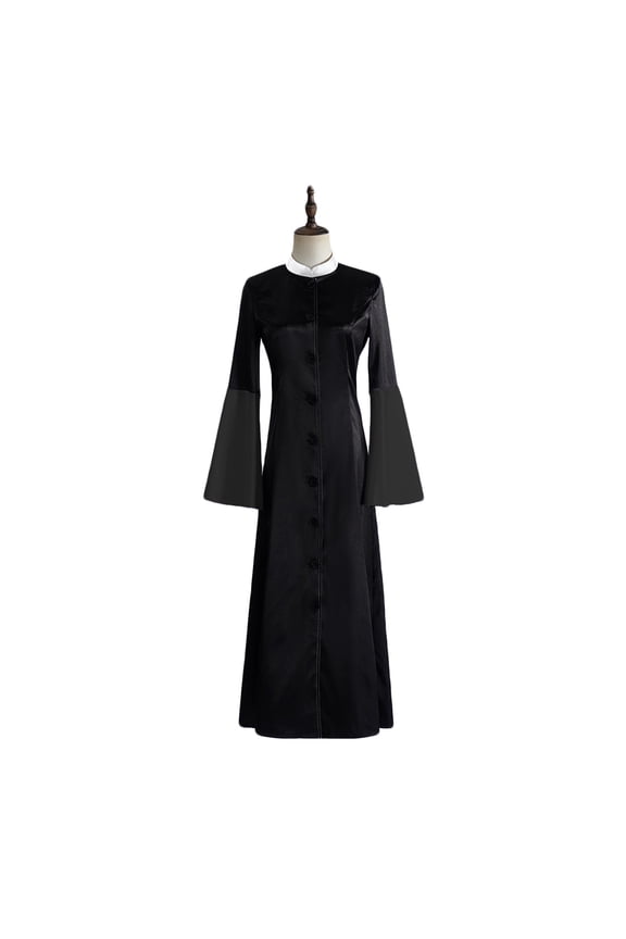 MOJOGO Woman Solid Patchwork Long-sleeved Flared Sleeves Button Robe Medieval Chaplaincy Coat Dark Gray S