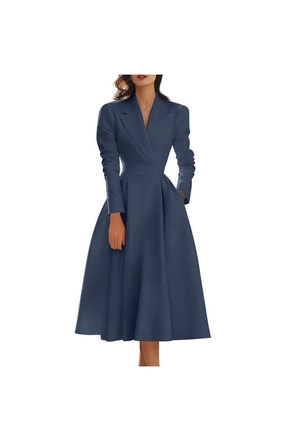 MOJOGO Womem's Maxi Dresses Blazer Collar Waist Tie Long Sleeve Evening Gown Dress Work Office Business A Line Dress Navy 2XL