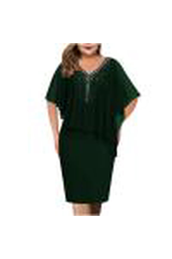 MOJOGO Women Plus Size Dresses Chiffon V-Neck Cape-Style Dress Elegant Bodycon Dress for Formal Gown Evening Green XL