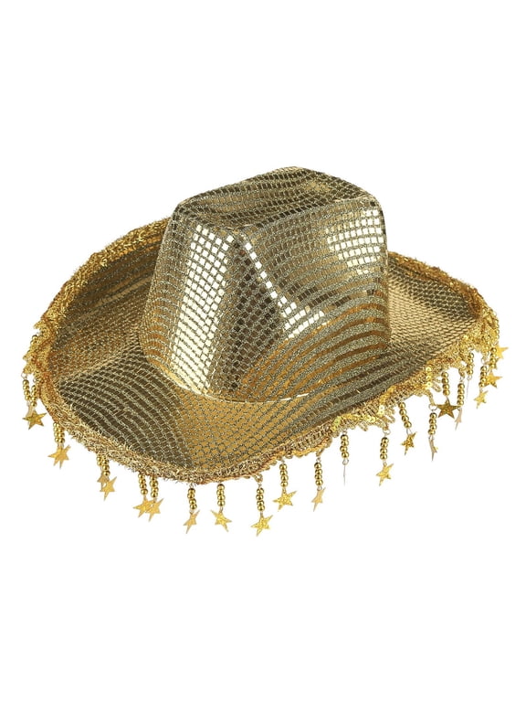 MOJOGO Women and Men's Sequin Cowboy Hat Rolled Wide Brim Hat with Fringe Star Charms Hat for Party Music Festival Holiday Disco Performance Gold M