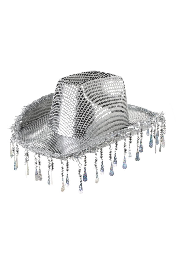 MOJOGO Women and Men's Sequin Cowboy Hat Rolled Wide Brim Hat with Fringe Star Charms Hat for Party Music Festival Holiday Disco Performance White M