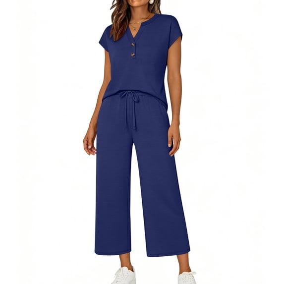 MOJOGO Women's 2 Piece Lounge Set V Neck Button Top Drawstring Wide Leg Pants Spring Summer Outfits Set for Loungewear & Vacation M