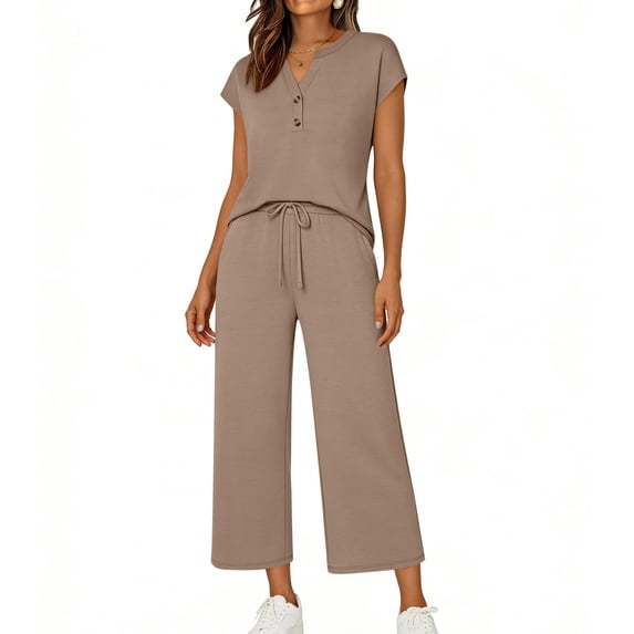 MOJOGO Women's 2 Piece Lounge Set V Neck Button Top Drawstring Wide Leg Pants Spring Summer Outfits Set for Loungewear & Vacation XL