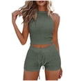 thumbnail image 1 of MOJOGO Women's 2 Piece Outfits Halter Neck Crop Top and Drawstring Shorts Casual Eyelet Summer Two Piece Set Olive Green S, 1 of 6