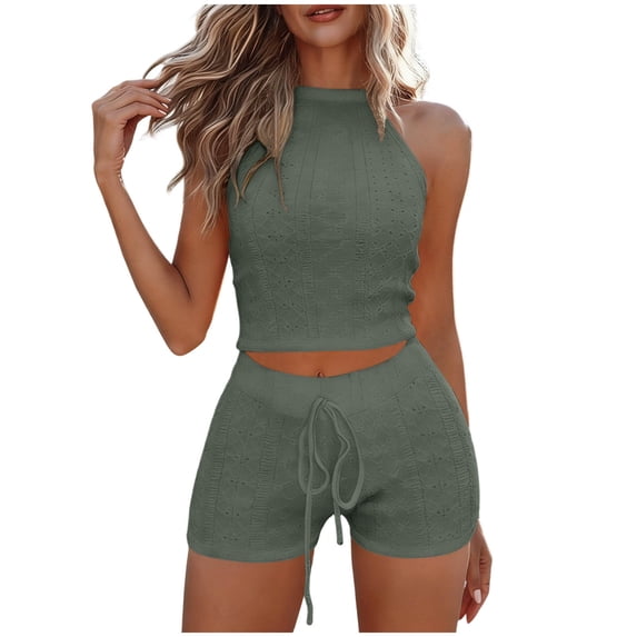 MOJOGO Women's 2 Piece Outfits Halter Neck Crop Top and Drawstring Shorts Casual Eyelet Summer Two Piece Set Olive Green S