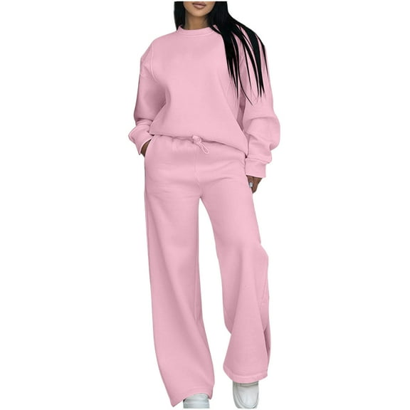 MOJOGO Women's 2 Piece Outfits Solid Crewneck Long Sleeve Sweatshirts Loose Wide Leg Sweatpants Casual Lounge Set Tracksuits Pink L