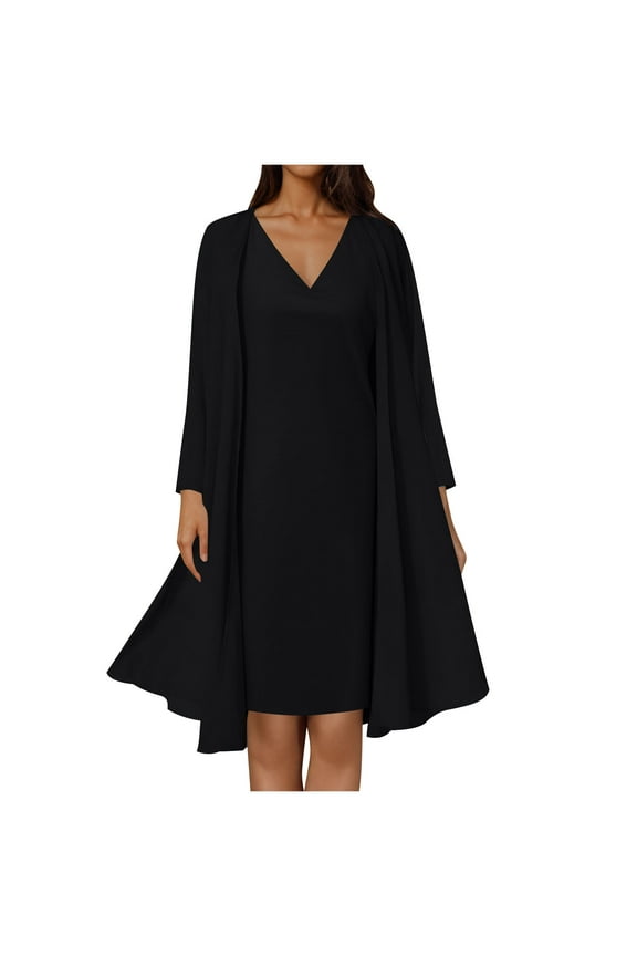 MOJOGO Women's 2 Piece Outfits Solid Long Sleeve Blouse Coat Sleeveless V Neck Chiffon Dresses Elegant Formal Midi Dress Matching Set Black-1 L
