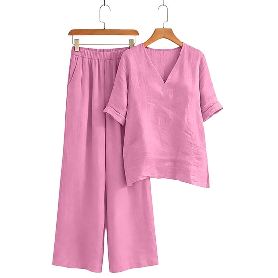 MOJOGO Women's 2 Piece Outfits V Neck 3/4 Sleeve Top and Wide Leg Pants Casual Summer Two Piece Set for Daily Resort Holiday Lounge Pink S