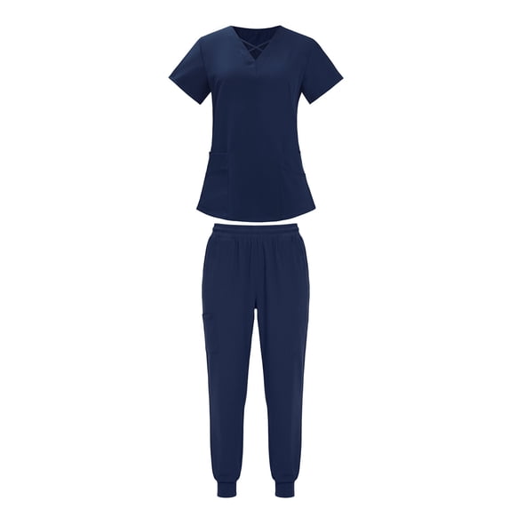 MOJOGO Women's 2 Piece Scrub Set V Neck Crisscross Top and Cargo Jogger Pants Work Nurse Uniform Navy M