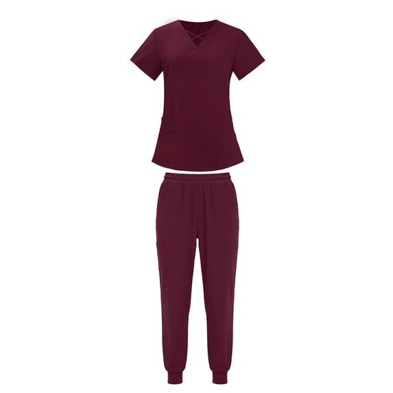 MOJOGO Women's 2 Piece Scrub Set V Neck Crisscross Top and Cargo Jogger Pants Work Nurse Uniform Wine 2XL