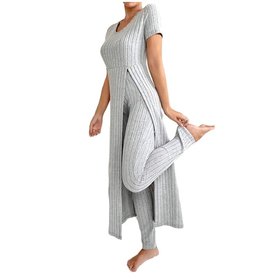 MOJOGO Women's 2 Pieces Pajamas Set Casual Ribbed Long Sleeve Sleepwear Tops with Pants Stretch Home Wear Lounge Set