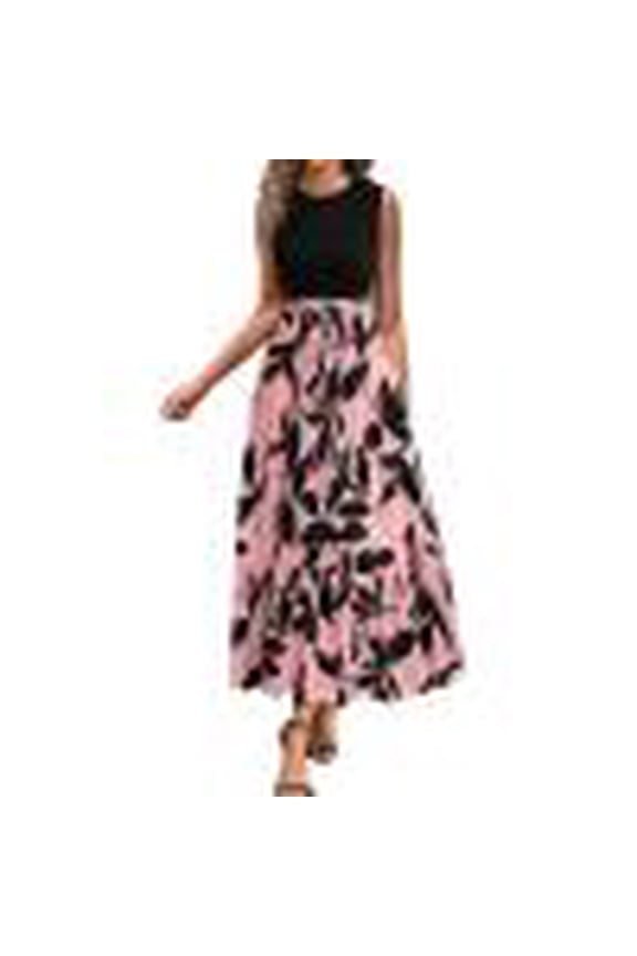 MOJOGO Women's A Line Dresses Casual Crewneck Sleeveless Dress Floral Printed Tiered Maxi Dress for Beachwear Vacation Pink 2XL