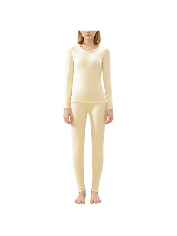 Women's Base Layer Set Solid Color Long Sleeve Tight Tops Long Johns Casual Warm Base Layer Set Beige XL